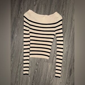 Striped Off-Shoulder Ribbed Sweater - Cream & Black